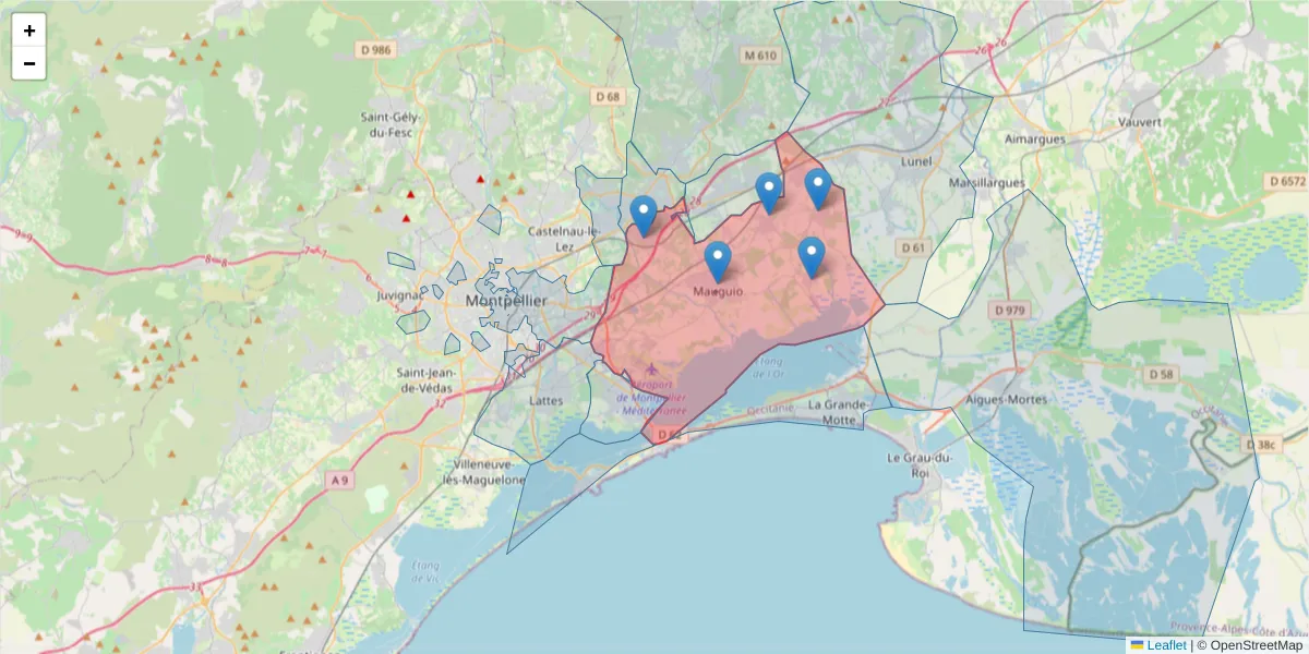 Carte de la zone du code postal  et des codes postaux voisins en France