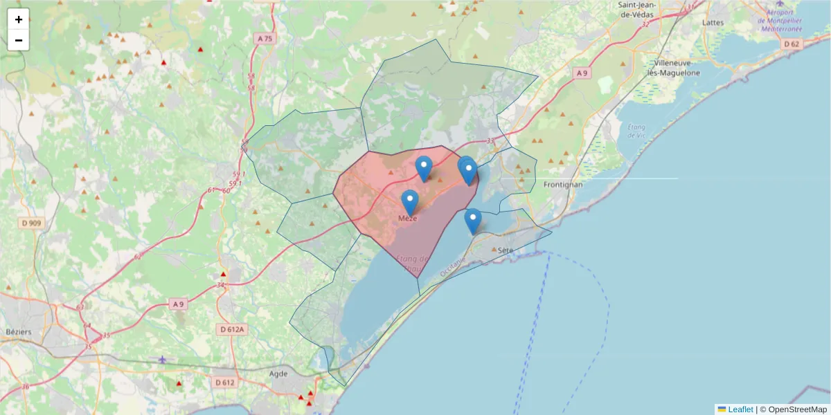Carte de la zone du code postal  et des codes postaux voisins en France