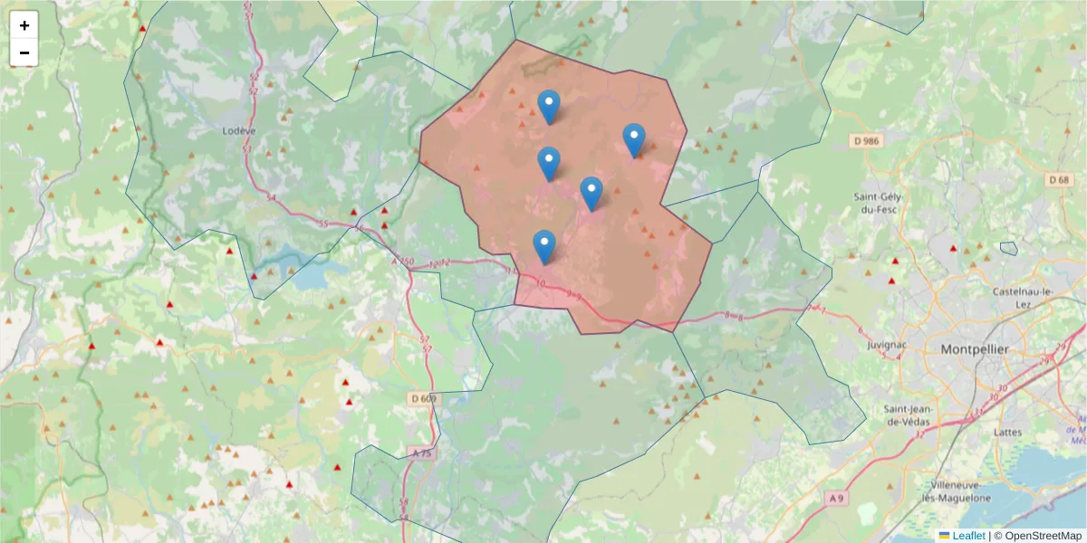 Carte de la zone du code postal  et des codes postaux voisins en France