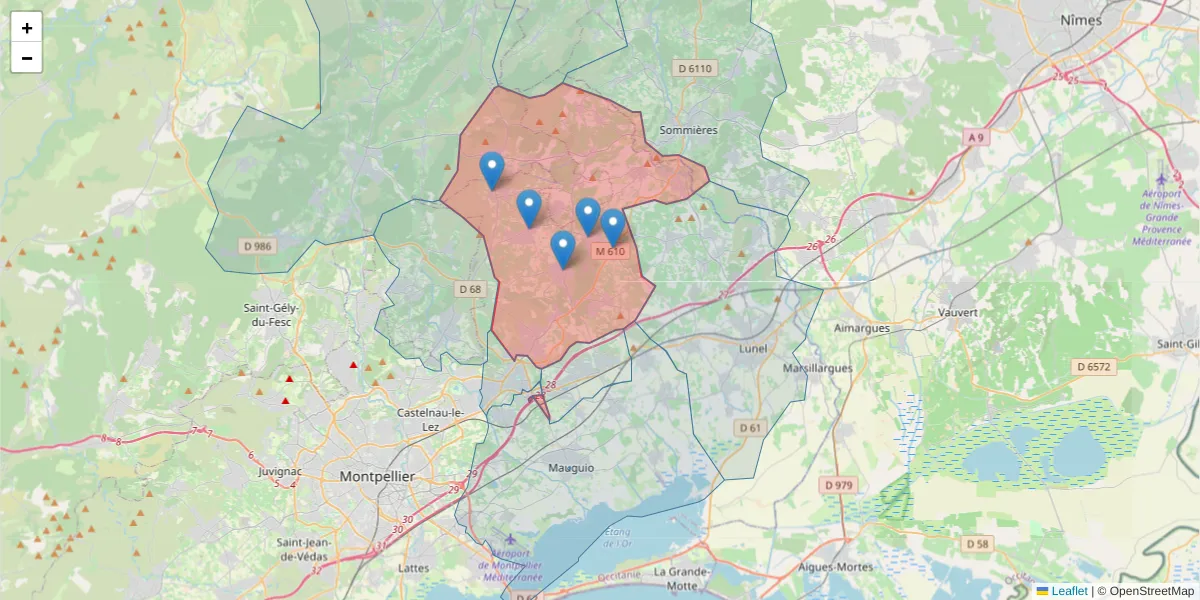 Carte de la zone du code postal  et des codes postaux voisins en France
