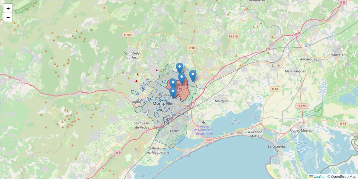 Carte de la zone du code postal  et des codes postaux voisins en France