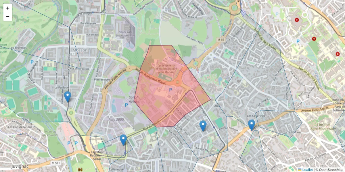 Carte de la zone du code postal  et des codes postaux voisins en France