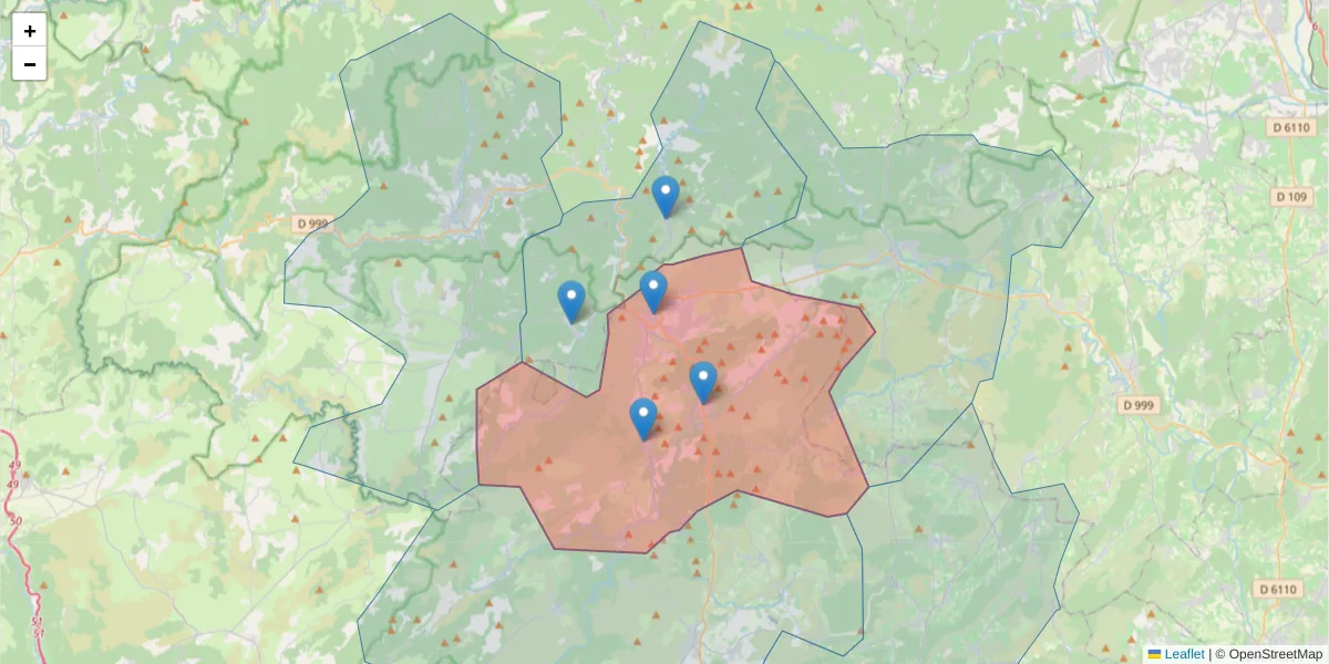 Carte de la zone du code postal  et des codes postaux voisins en France