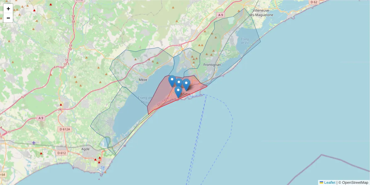 Carte de la zone du code postal  et des codes postaux voisins en France