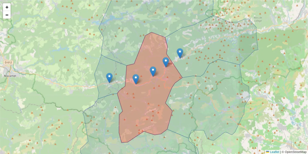 Carte de la zone du code postal  et des codes postaux voisins en France