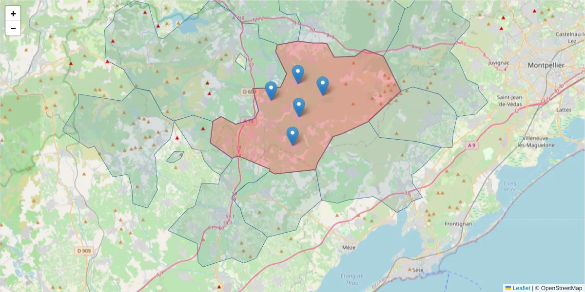 Carte de la zone du code postal  et des codes postaux voisins en France