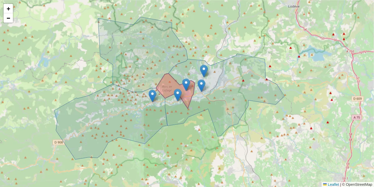 Carte de la zone du code postal  et des codes postaux voisins en France