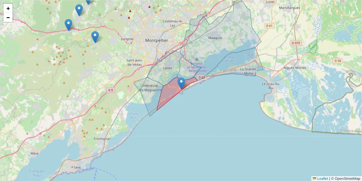 Carte de la zone du code postal  et des codes postaux voisins en France