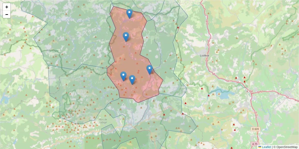 Carte de la zone du code postal  et des codes postaux voisins en France