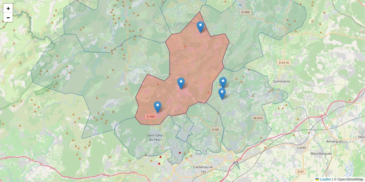 Carte de la zone du code postal  et des codes postaux voisins en France