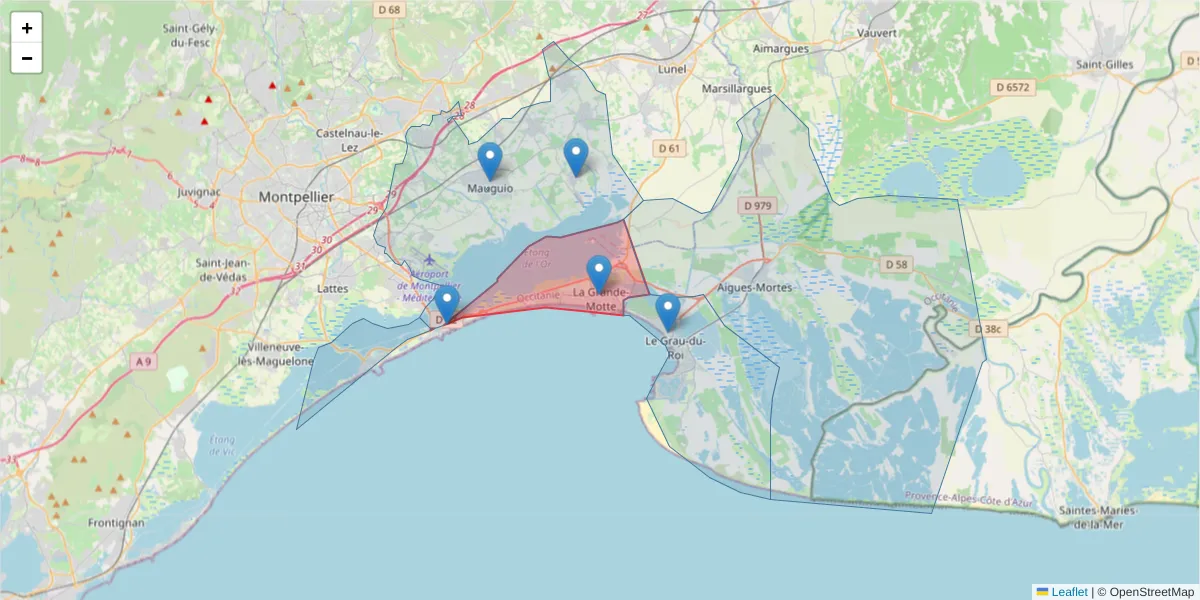 Carte de la zone du code postal  et des codes postaux voisins en France
