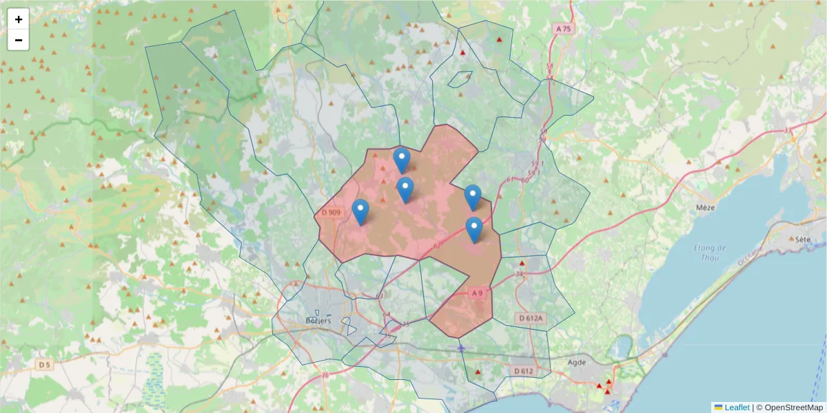 Carte de la zone du code postal  et des codes postaux voisins en France