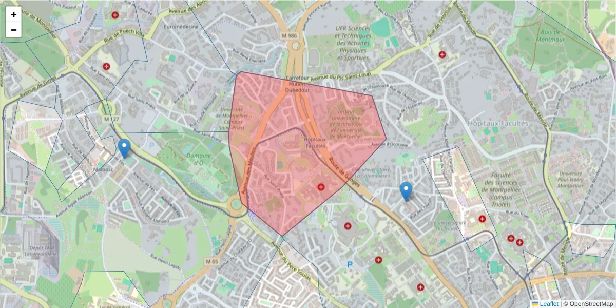 Carte de la zone du code postal  et des codes postaux voisins en France