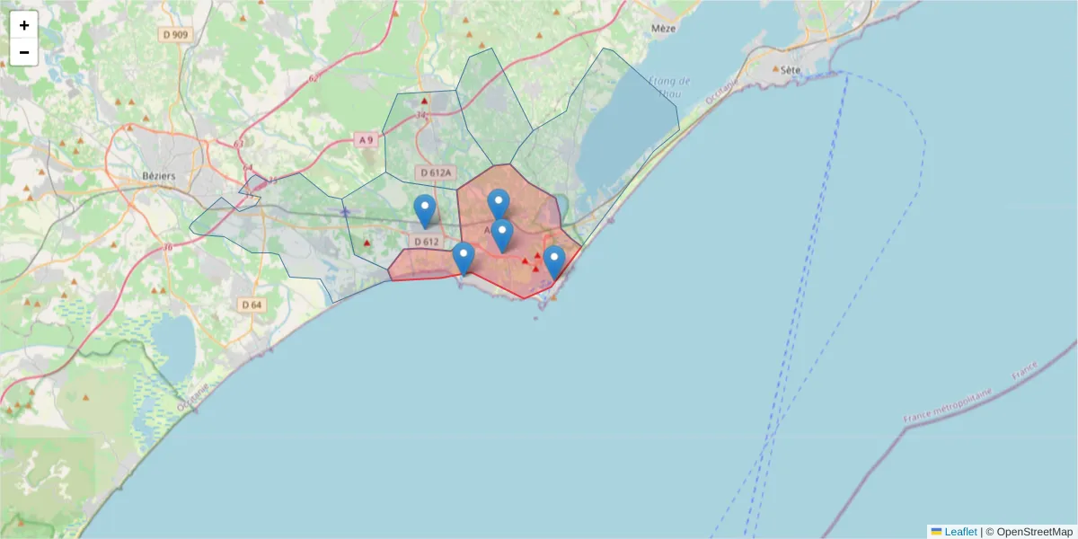 Carte de la zone du code postal  et des codes postaux voisins en France