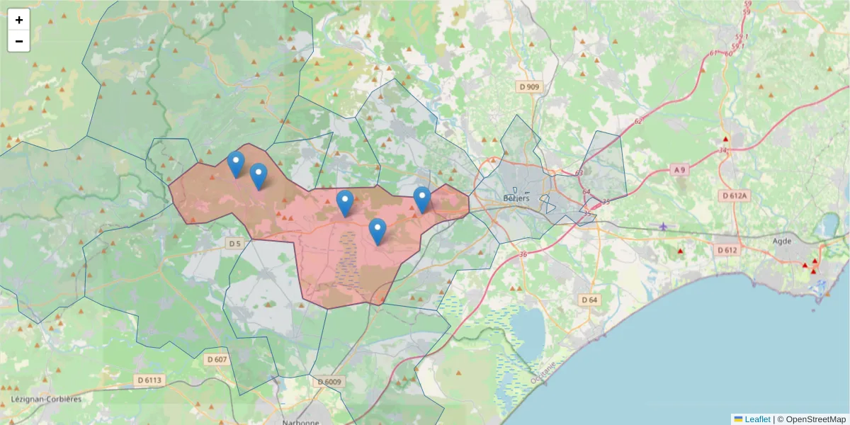 Carte de la zone du code postal  et des codes postaux voisins en France