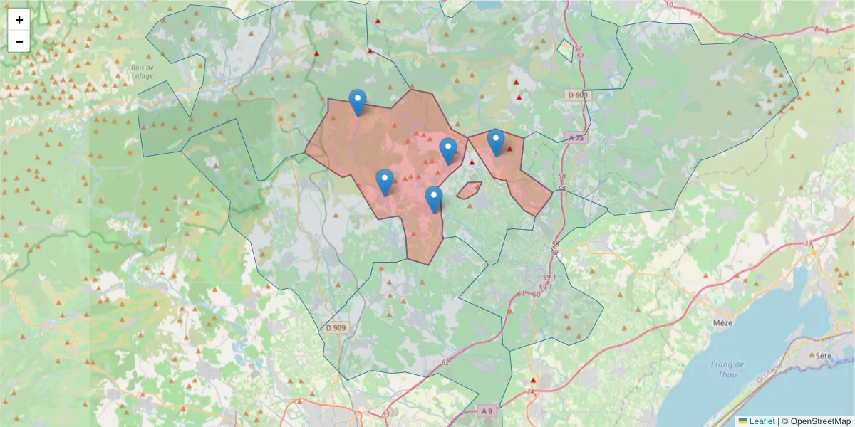 Carte de la zone du code postal  et des codes postaux voisins en France