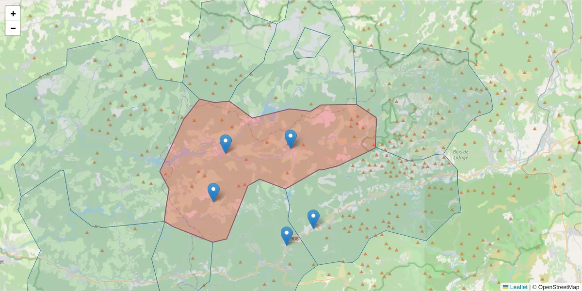 Carte de la zone du code postal  et des codes postaux voisins en France