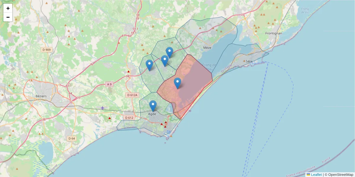 Carte de la zone du code postal  et des codes postaux voisins en France