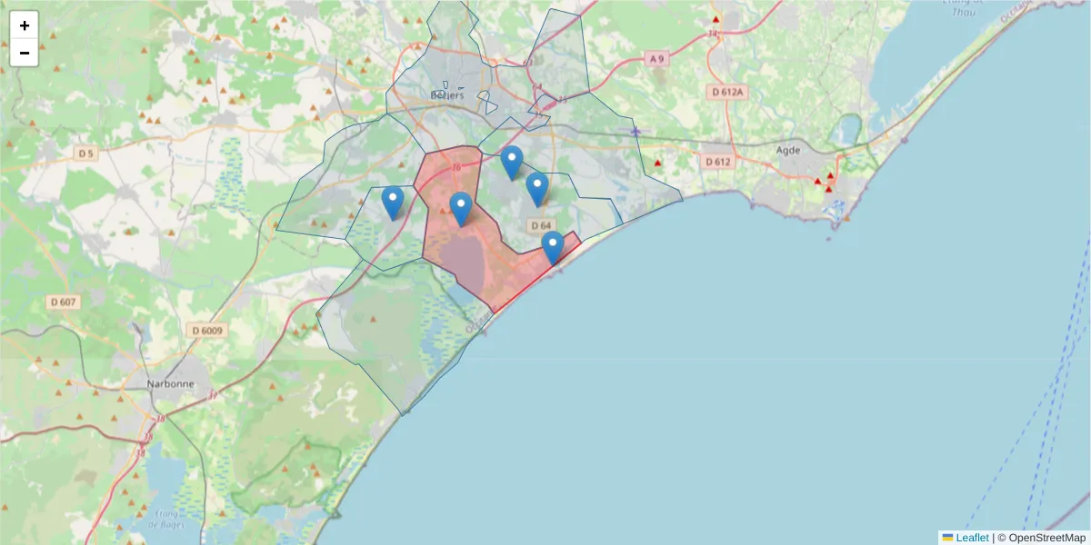 Carte de la zone du code postal  et des codes postaux voisins en France