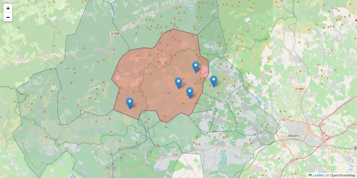 Carte de la zone du code postal  et des codes postaux voisins en France