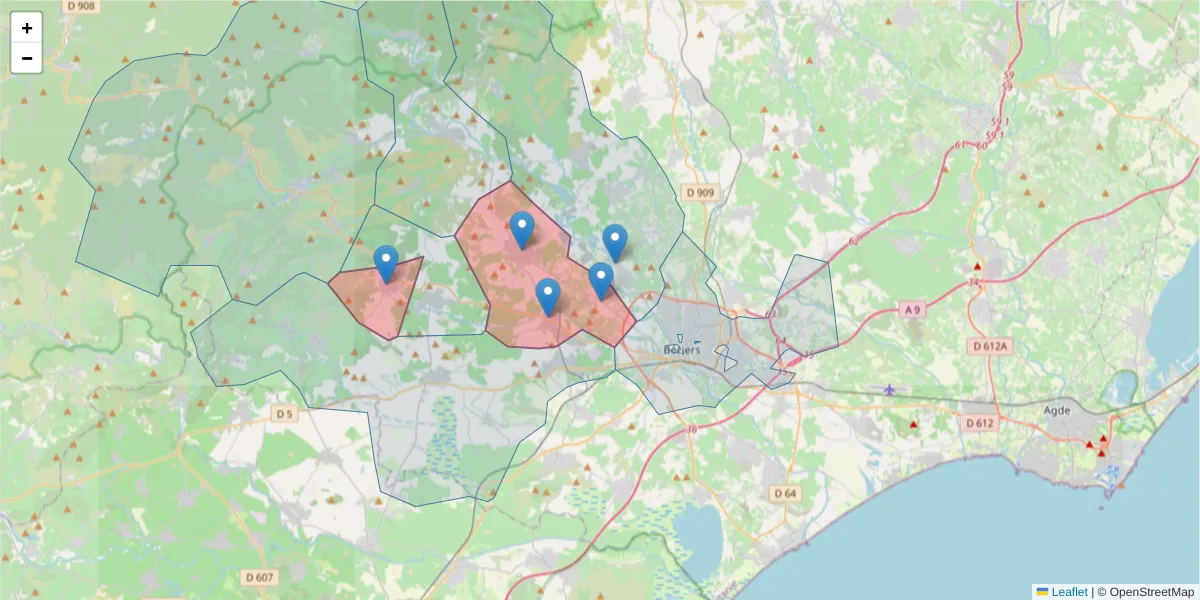 Carte de la zone du code postal  et des codes postaux voisins en France