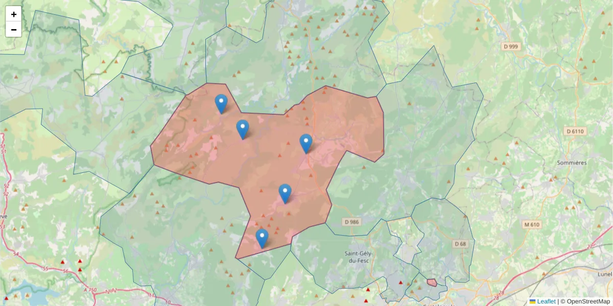 Carte de la zone du code postal  et des codes postaux voisins en France