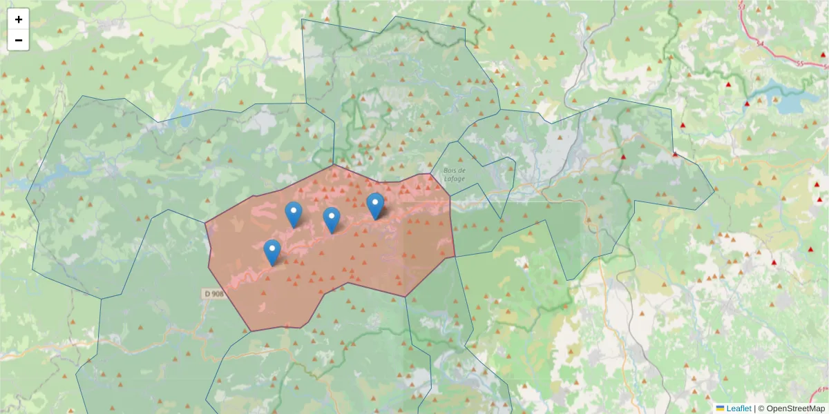 Carte de la zone du code postal  et des codes postaux voisins en France