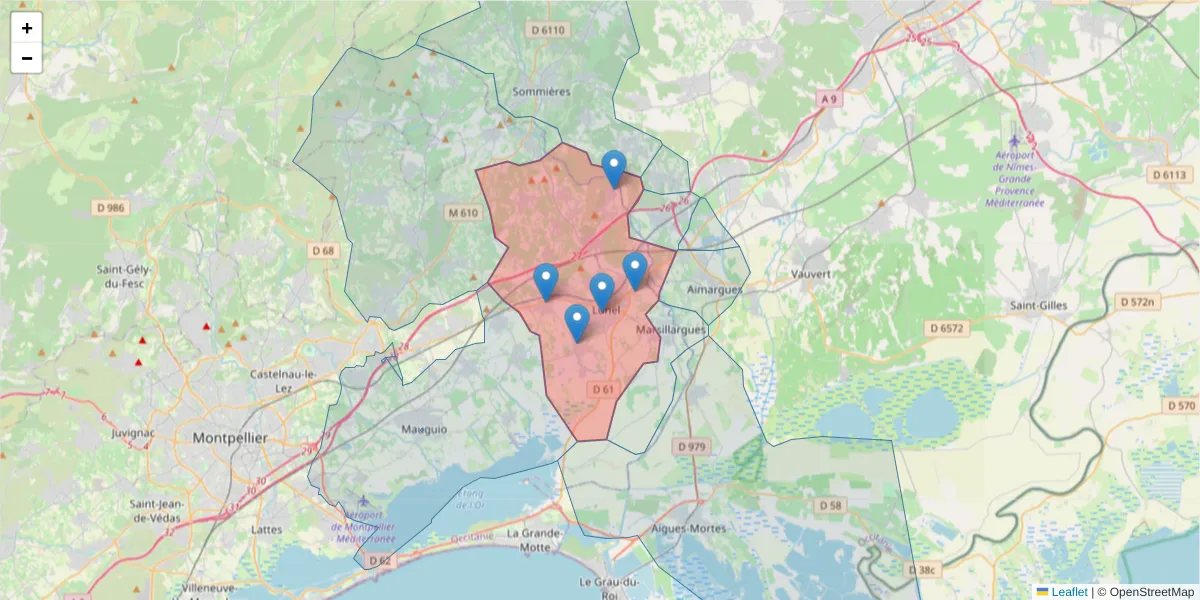 Carte de la zone du code postal  et des codes postaux voisins en France