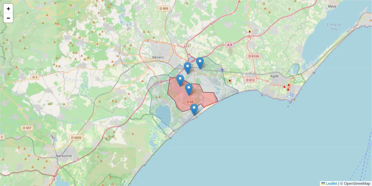 Carte de la zone du code postal  et des codes postaux voisins en France