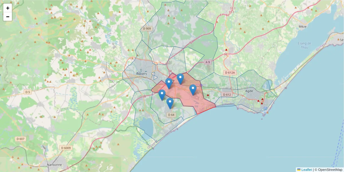 Carte de la zone du code postal  et des codes postaux voisins en France