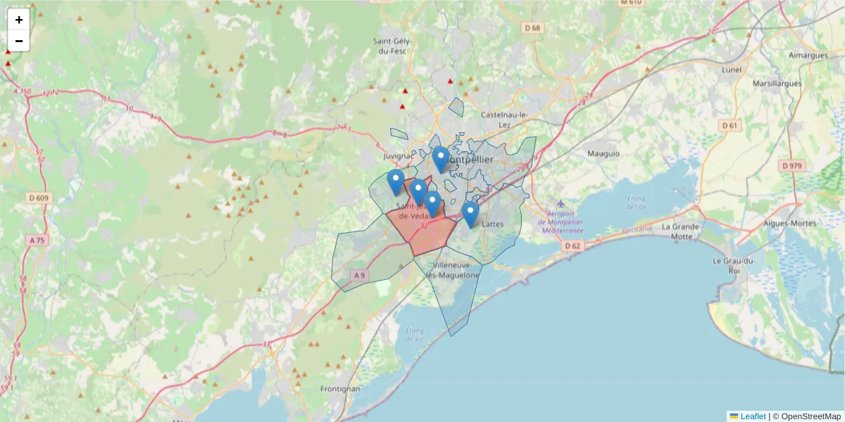 Carte de la zone du code postal  et des codes postaux voisins en France