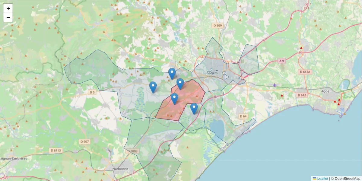 Carte de la zone du code postal  et des codes postaux voisins en France