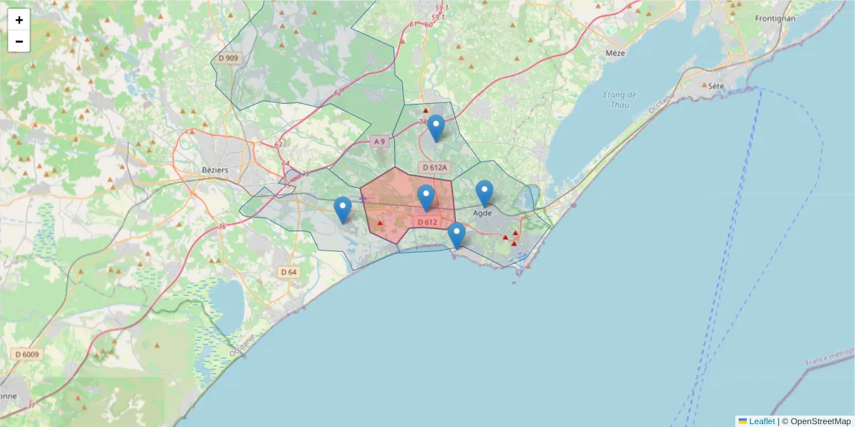 Carte de la zone du code postal  et des codes postaux voisins en France