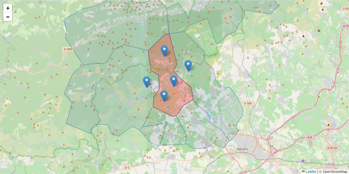 Carte de la zone du code postal  et des codes postaux voisins en France