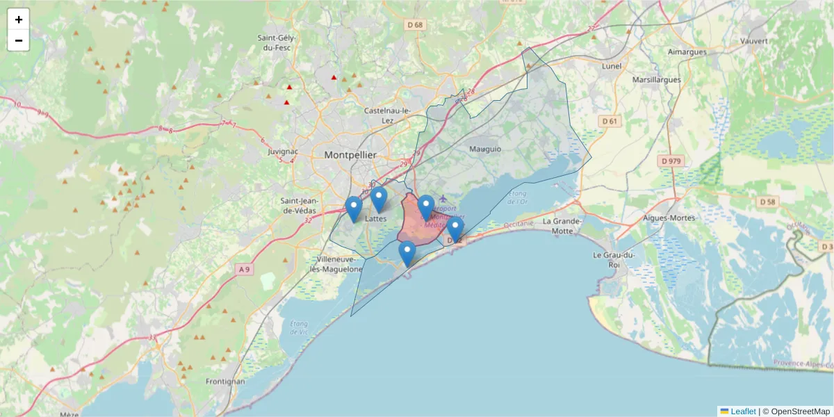 Carte de la zone du code postal  et des codes postaux voisins en France