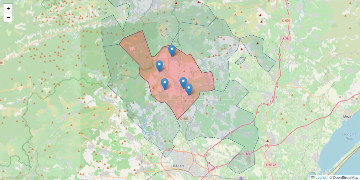 Carte de la zone du code postal  et des codes postaux voisins en France