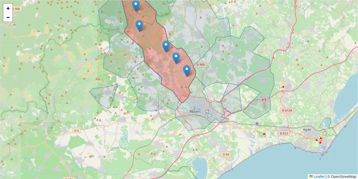 Carte de la zone du code postal  et des codes postaux voisins en France