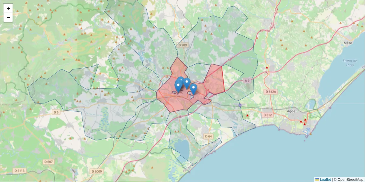 Carte de la zone du code postal  et des codes postaux voisins en France