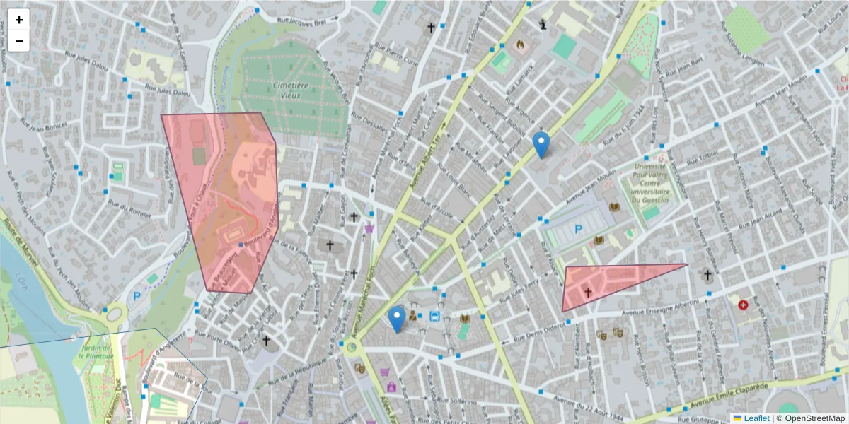 Carte de la zone du code postal  et des codes postaux voisins en France