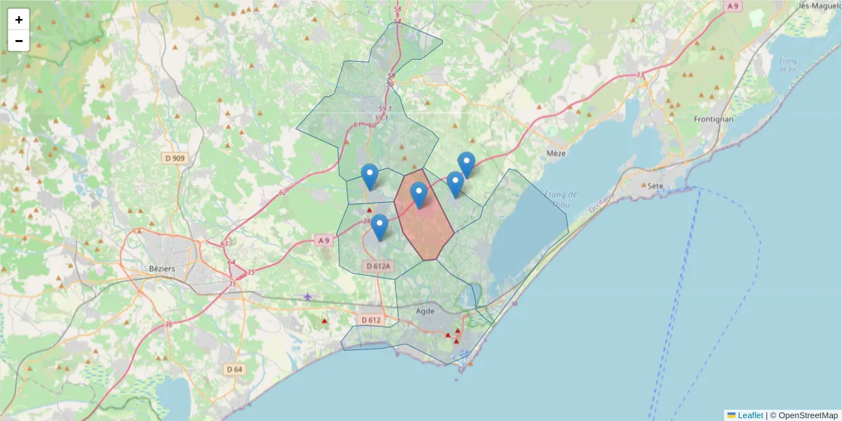 Carte de la zone du code postal  et des codes postaux voisins en France
