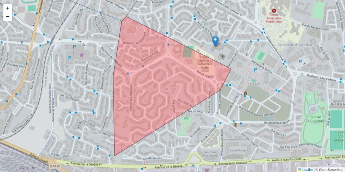 Carte de la zone du code postal  et des codes postaux voisins en France