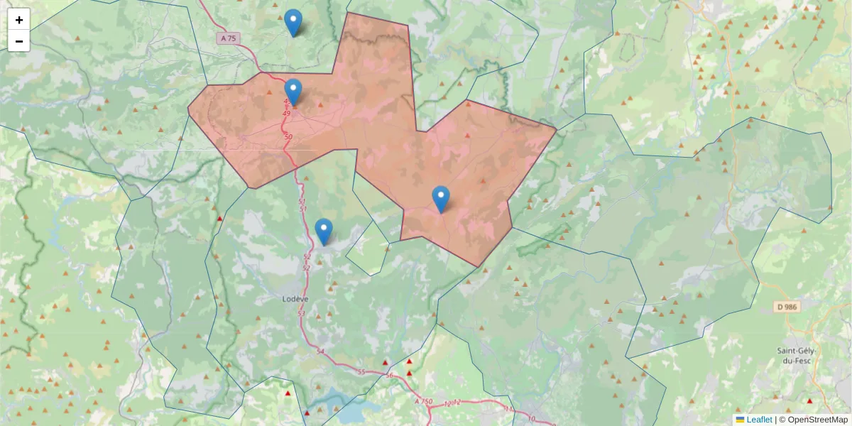 Carte de la zone du code postal  et des codes postaux voisins en France