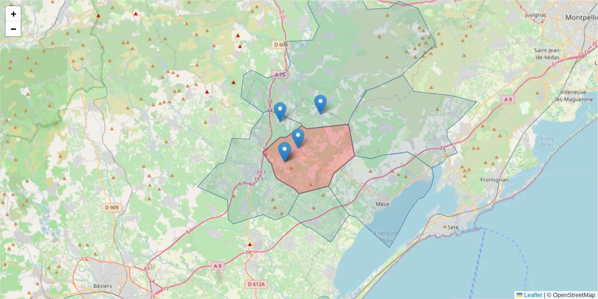 Carte de la zone du code postal  et des codes postaux voisins en France