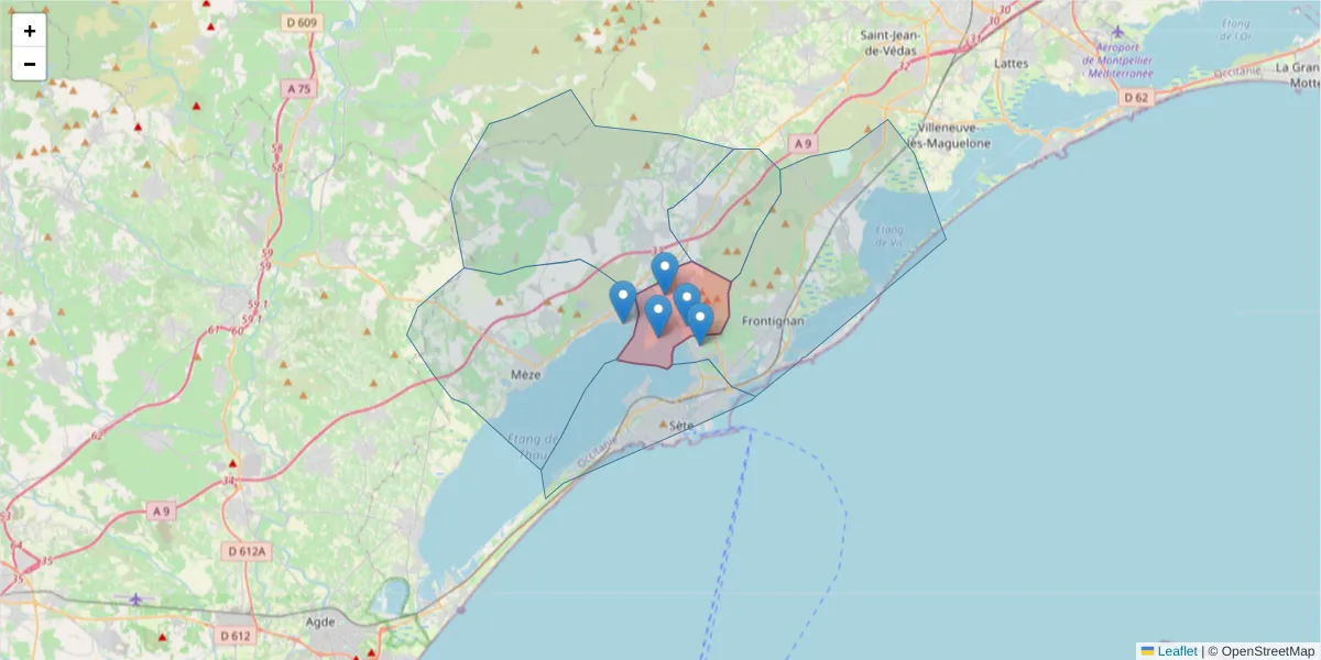 Carte de la zone du code postal  et des codes postaux voisins en France