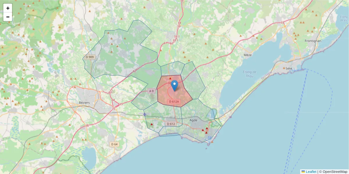 Carte de la zone du code postal  et des codes postaux voisins en France