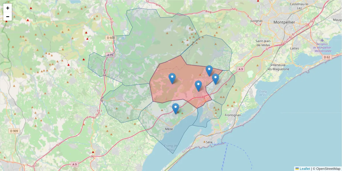 Carte de la zone du code postal  et des codes postaux voisins en France