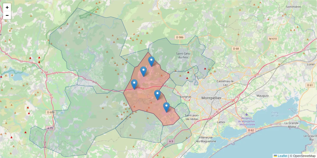 Carte de la zone du code postal  et des codes postaux voisins en France