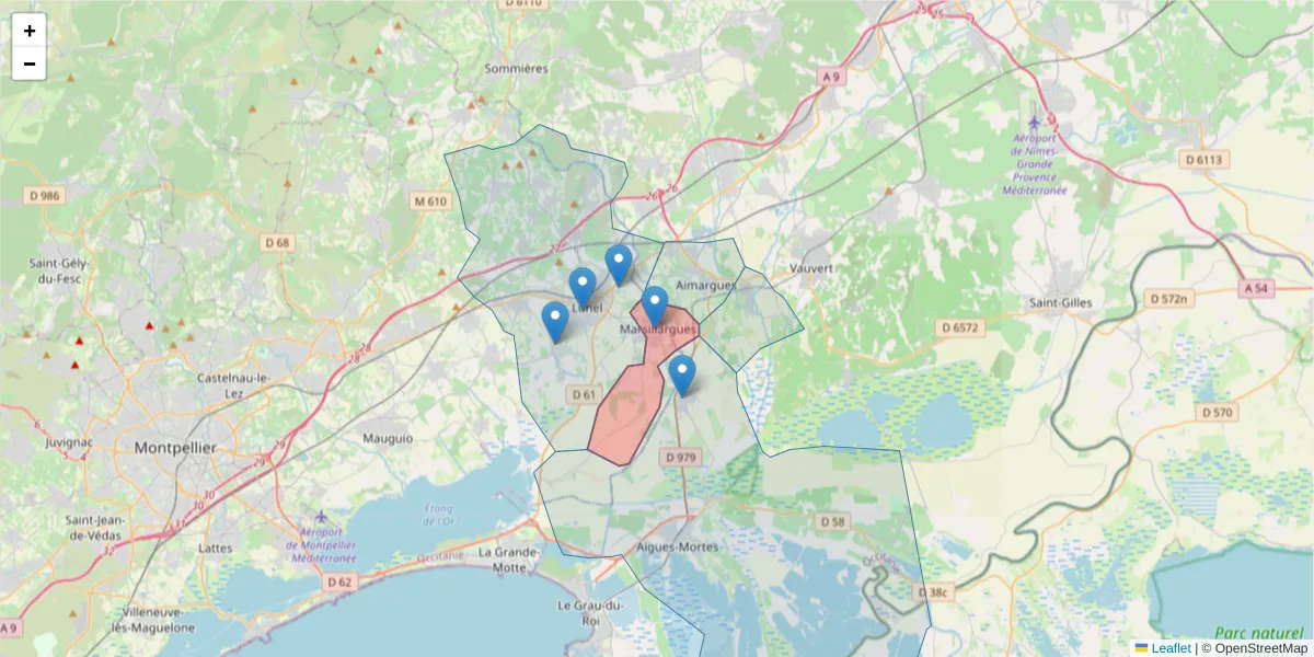Carte de la zone du code postal  et des codes postaux voisins en France