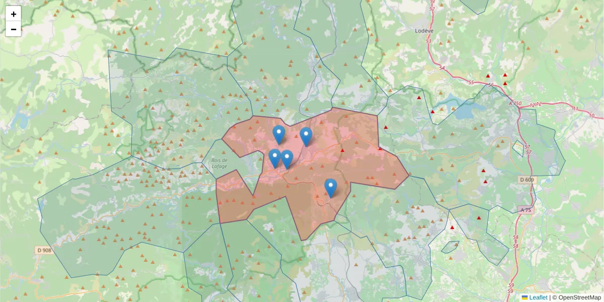 Carte de la zone du code postal  et des codes postaux voisins en France