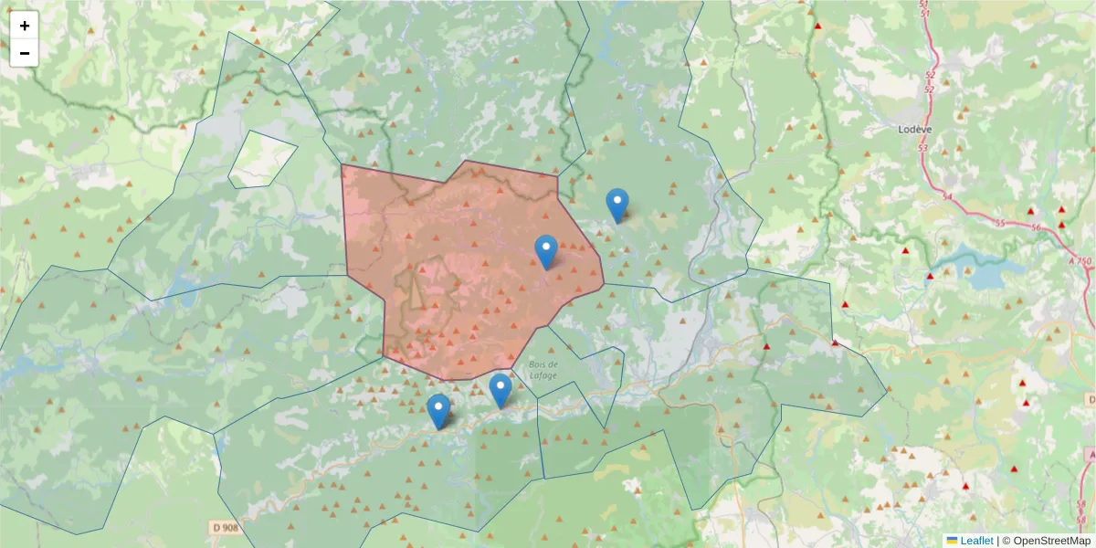 Carte de la zone du code postal  et des codes postaux voisins en France